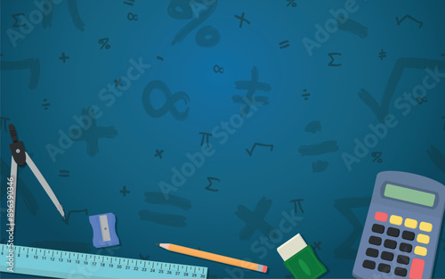 Math Design - Layout with Colorful Mathematics Logo, Calcutator, Ruler, Pencil, Eraser and Sharpener on Blue Background with Mathematical Symbols. Rectangle Shape.