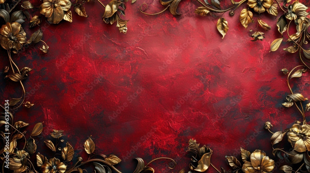 luxurious Victorian-style background in red and elegant golden 3D flower. Luxurious 3D relief wallpaper luxurious Victorian-style background in red and elegant golden 3D flower. Luxurious 3D relief wallpaper