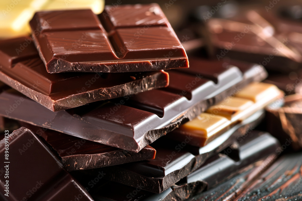 Stack of dark chocolate texture bars on a black background. Close up, copy space. Stack of dark chocolate texture bars on a black background. Close up, copy space.