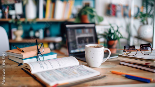 workspace with coffee notebook and laptop photo