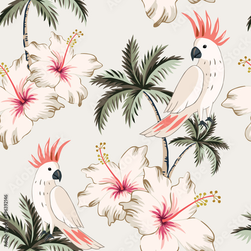 Tropical cockatoo parrots, palm trees, hibiscus flowers, white background. Vector seamless pattern. Floral illustration. Exotic plants, birds. Summer beach design. Paradise nature