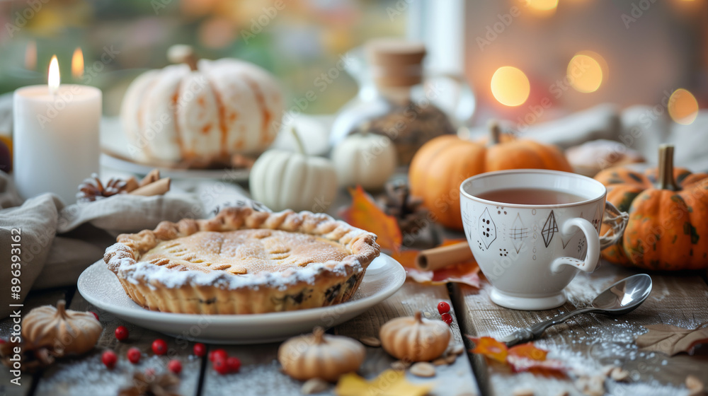 pumpkin pie and coffee with autumn fall table settings