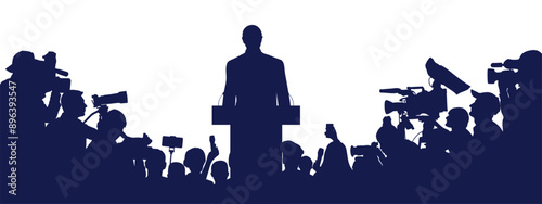 Election. Candidate with election program and reporters, cameramen. Silhouette of people. Vector illustration