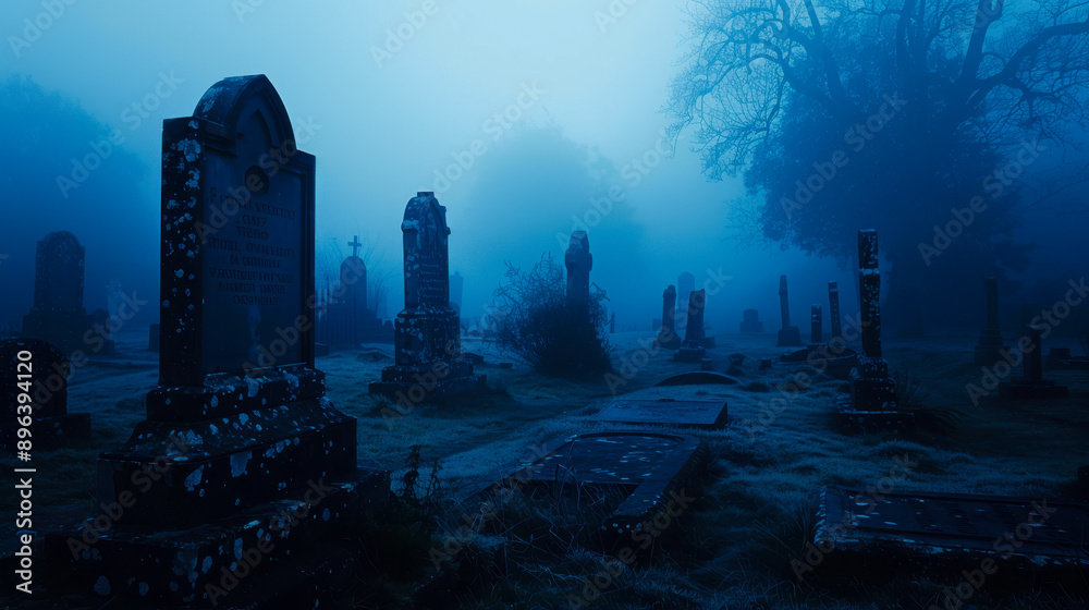 Foggy Graveyard at Dusk. A solemn graveyard at dusk with fog settling over the tombstones, creating a serene yet eerie atmosphere.