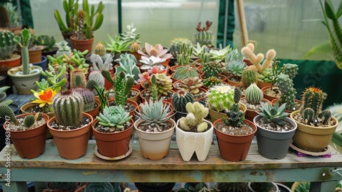 Varieties of cacti and succulents on table in a greenhouse with green background photo