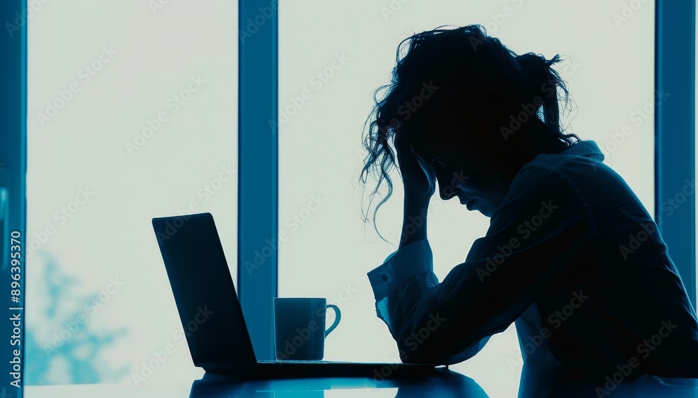 Silhouette of a woman holding her head in her hands, depicting stress and anxiety, sitting alone at a desk with a laptop, highlighting the challenges of mental health and workplace burnout Silhouette of a woman holding her head in her hands, depicting stress and anxiety, sitting alone at a desk with a laptop, highlighting the challenges of mental health and workplace burnout