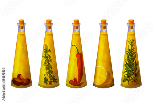 Set of bottles of flavored olive oil with spices, herbs, hot chili pepper, garlic, lemon, thyme and rosemary isolated on white background. It can be used for prints on textile and paper recepy, menu photo