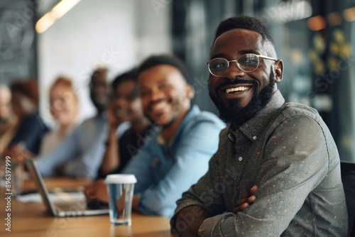 Happy business man listening to a discussion in an office boardroom. Business professional sitting in a meeting with his colleagues - generative ai