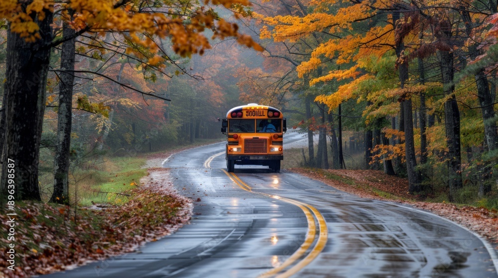 Obraz premium school bus on a road in the middle of the forest in autumn