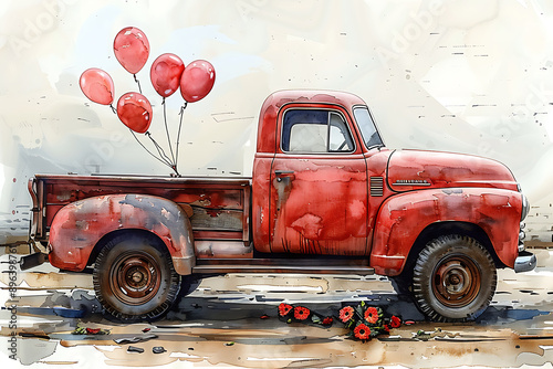 truck with hearts watercolor illustration photo