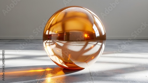 3D glass golden ball on a tiled floor with a reflection of the opposite wall. Graphic Resources