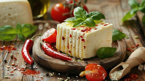 Homemade Adyghe cheese with Basil tomato sesame oil chili pepper on a wooden table photo