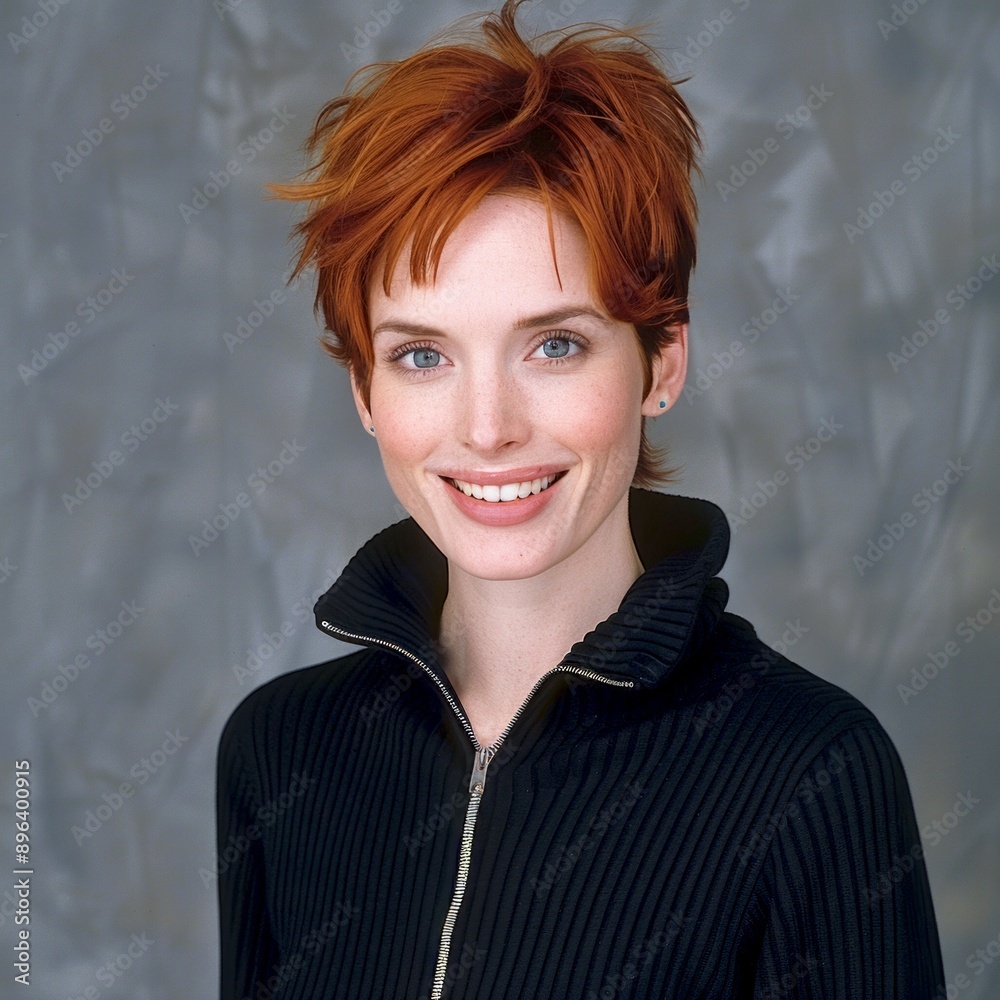 Fototapeta premium Portrait of a woman with short red hair wearing zip-up sweater. Simple and stylish photography concept. Studio shot. Designed for use in lifestyle or fashion content. AI