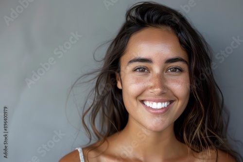 Close up face of young woman with beautiful smile isolated on grey wall with copy space. Successful multiethnic girl. Latin woman looking at camera against, whitening teeth smile - generative ai