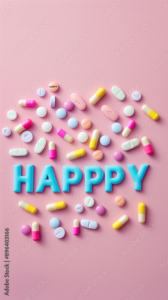 Assortment of pills spelling 'HAPPY' on a pink surface Assortment of pills spelling 'HAPPY' on a pink surface