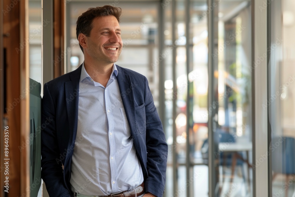 Successful business man smiling as he stands outside a meeting room in a professional workplace. Caucasian male executive looking away in reflection of his business accomplishments - generative ai Successful business man smiling as he stands outside a meeting room in a professional workplace. Caucasian male executive looking away in reflection of his business accomplishments - generative ai