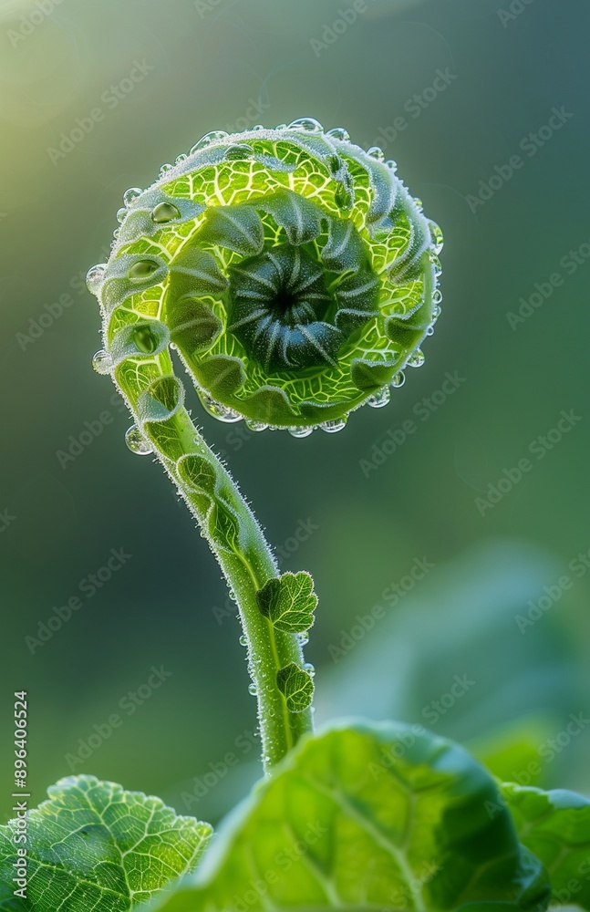 Close up of a square-shaped fern frond's bud with spiral growth and delicate green leaves Close up of a square-shaped fern frond's bud with spiral growth and delicate green leaves