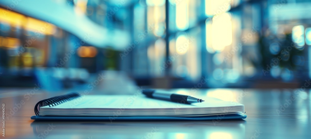 Open Notebook and Pen on a Wooden Table in a Blue-Toned Cafe Open Notebook and Pen on a Wooden Table in a Blue-Toned Cafe