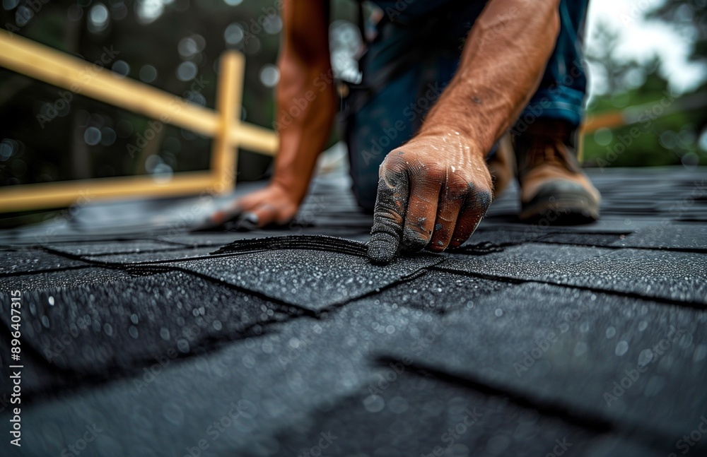 Roofer installing shingles on a roof, ensuring alignment and securing them along the nail line Roofer installing shingles on a roof, ensuring alignment and securing them along the nail line