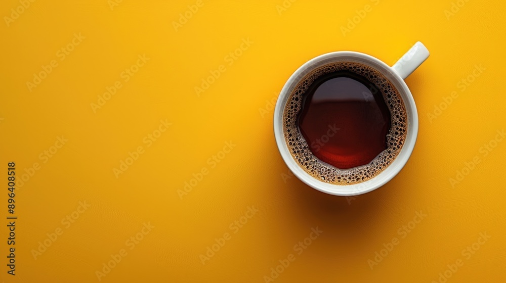 Black coffee in white cup on yellow background, top view, flat lay. Black coffee in white cup on yellow background, top view, flat lay.