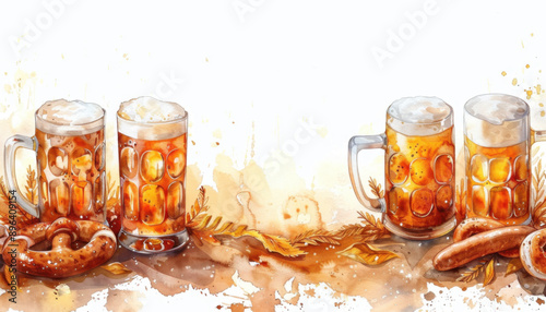 Beer glasses with tasty sausage and pretzel on white background. Beer fest background. Watercolor illustration.