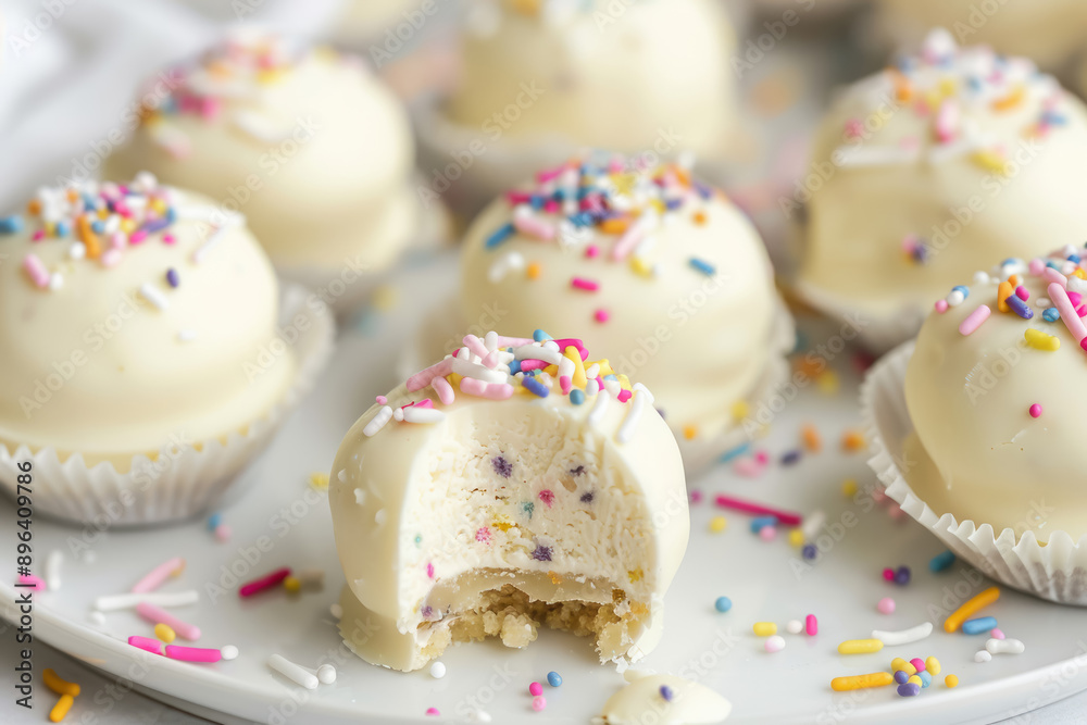 white chocolate covered cheesecake ball  bites with colorful sprinkles on a pink background