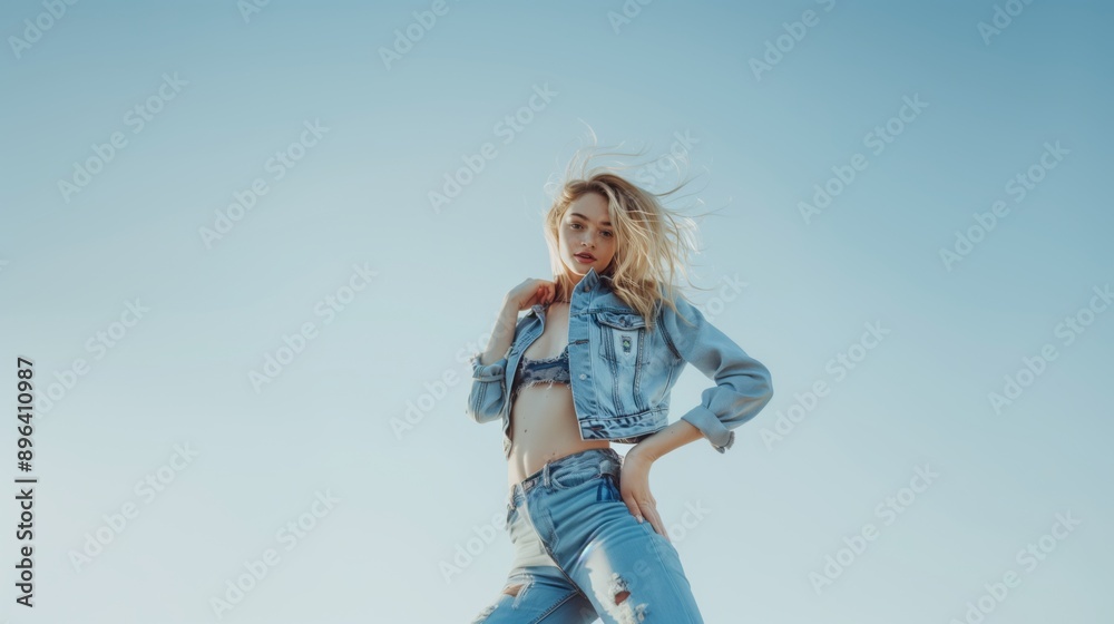 A female fashion model poses in a denim jacket and ripped jeans pants A female fashion model poses in a denim jacket and ripped jeans pants