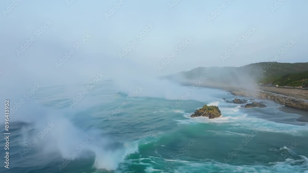 A wide shot of the ocean coast, showcasing waves breaking on a sandy shore with a misty background and a line of trees along the cliff