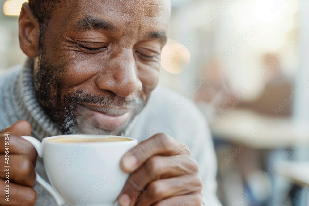 Man Savoring Warm Coffee in Cozy Cafe Man Savoring Warm Coffee in Cozy Cafe
