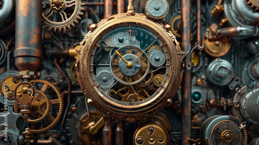 Clock face integrating with gears and pipes in steampunk style Clock face integrating with gears and pipes in steampunk style