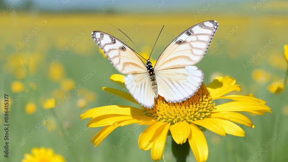 A white butterfly with black markings rests on a yellow wildflower in a field of yellow wildflowers A white butterfly with black markings rests on a yellow wildflower in a field of yellow wildflowers