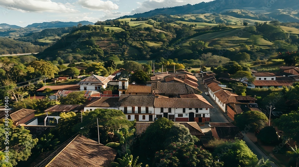 Aerial view of Guatavita showcasing colonial architecture lush greenery and serene environment : Generative AI Aerial view of Guatavita showcasing colonial architecture lush greenery and serene environment : Generative AI