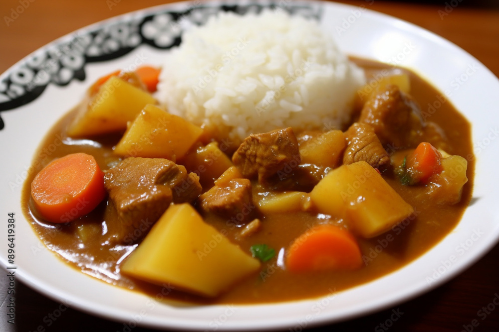 A plate of beef curry rice generative AI A plate of beef curry rice generative AI