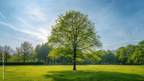 Park and outdoor concept Spring landscape big tree on green grass meadow New young green leaves on twig in in the park under blue sky Nature greenery background Amstelpark Amsterdam Ne : Generative AI photo