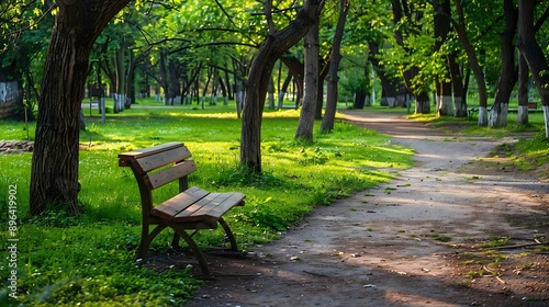 Tranquil wooden bench along the path of a city park Grove of mature deciduous trees with green lawn make it a magical place to rest : Generative AI