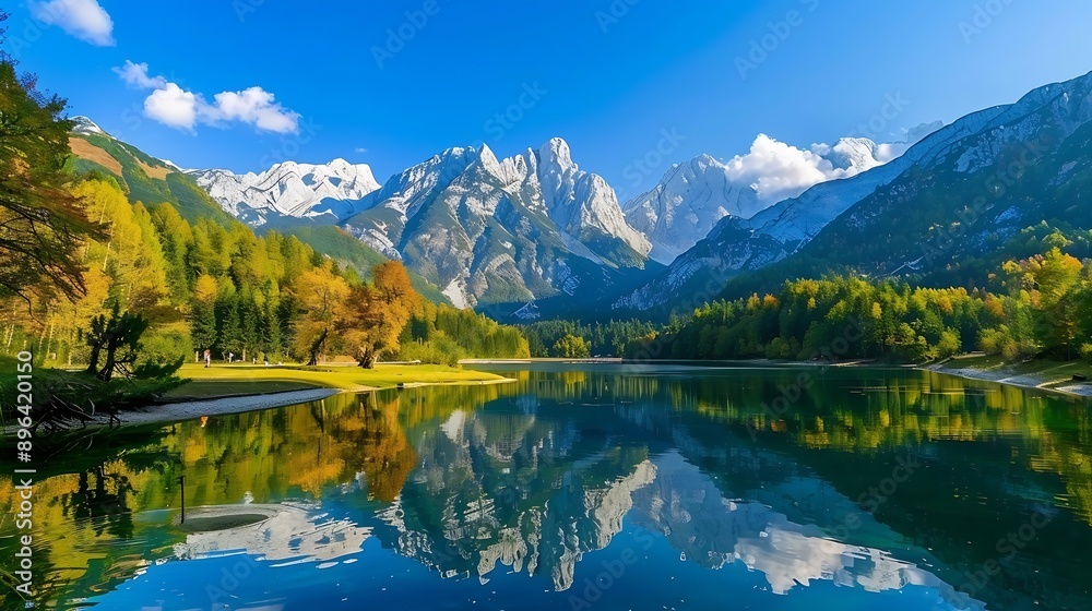 Obraz premium Jasna lake with beautiful mountains Nature scenery in Triglav national park Location Triglav national park Kranjska Gora Slovenia Europe Mountain lake Jasna in Krajsnka Gora Slovenia : Generative AI