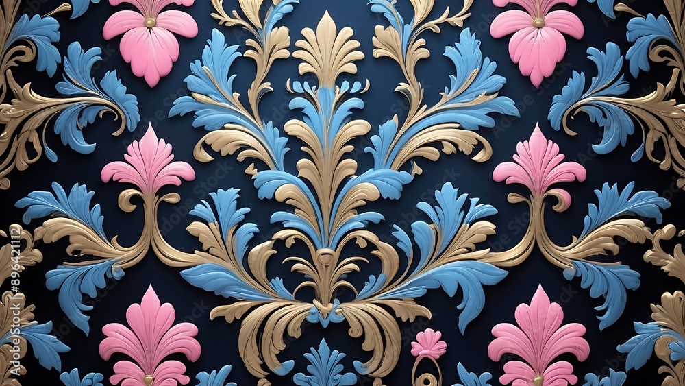 Pink and gold floral pattern on dark blue background, a stylish design for invitations, stationery, fabric, and packaging. 4 Pink and gold floral pattern on dark blue background, a stylish design for invitations, stationery, fabric, and packaging. 4