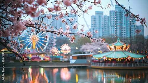 Lotte World Amusement Park and Seokchon Lake  in Spring Cherry blossoms bloom in late MarchApril  Seoul South Korea : Generative AI photo