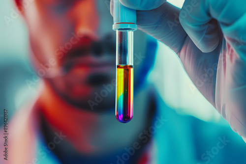 A scientist wearing gloves and holding a test tube filled with a colorful liquid, symbolizing scientific research and experimentation photo