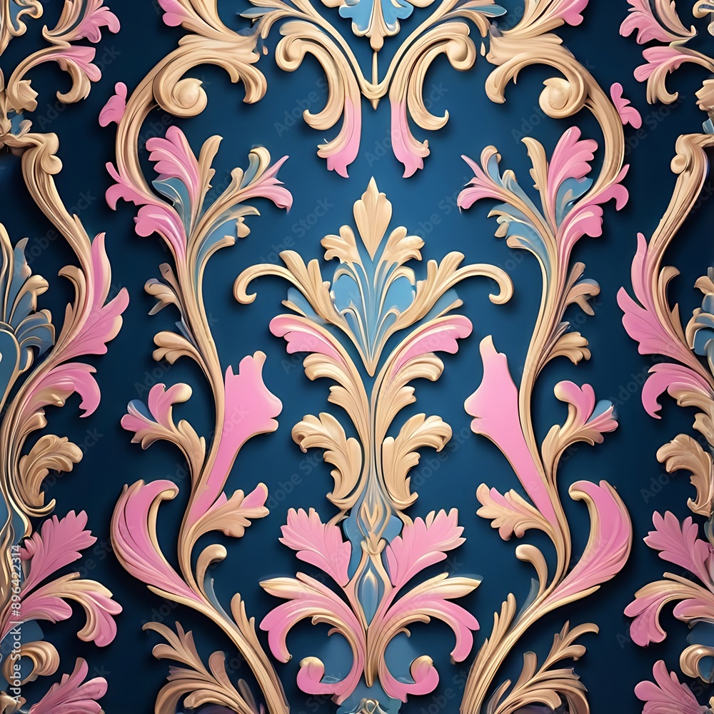 Pink and gold floral pattern on dark blue background, a stylish design for invitations, stationery, fabric, and packaging. 3