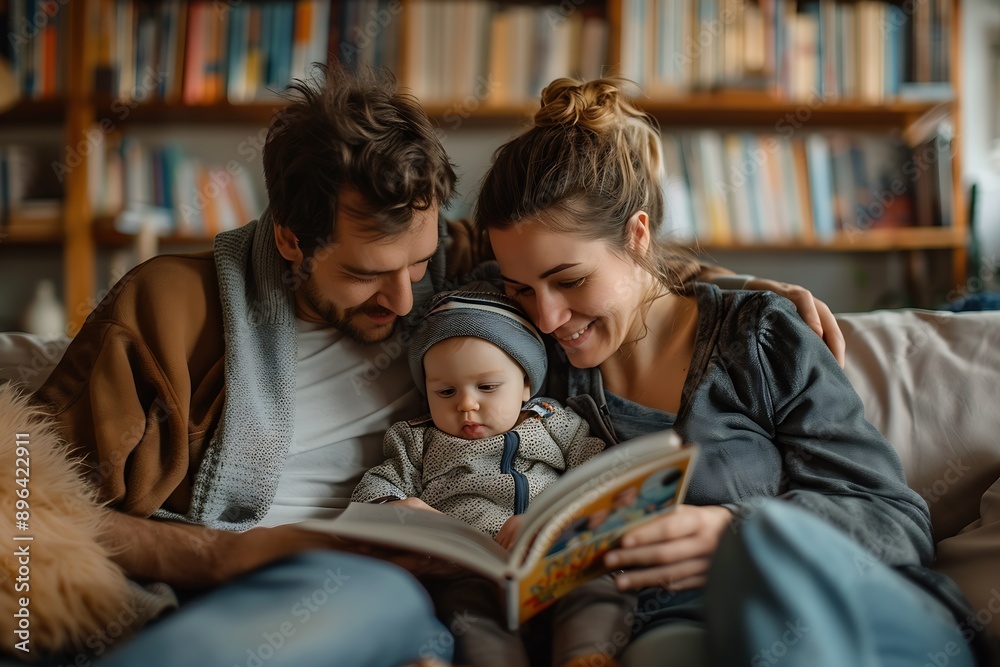 parents sitting on a sofa, reading a storybook to their baby. : Generative AI parents sitting on a sofa, reading a storybook to their baby. : Generative AI