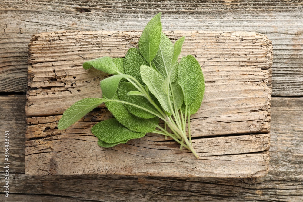 Obraz premium Fresh sage leaves on wooden table, top view