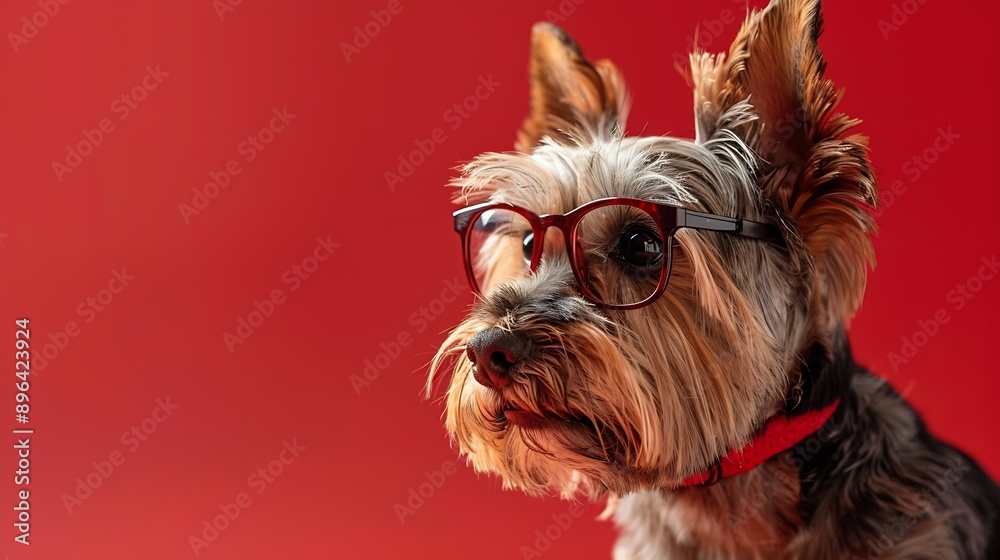 Naklejka premium small terrier dog with glasses on a red background : Generative AI
