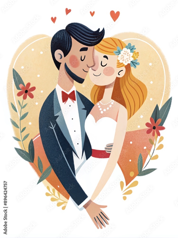 Whimsical Wedding Illustration of Bride and Groom Whimsical Wedding Illustration of Bride and Groom