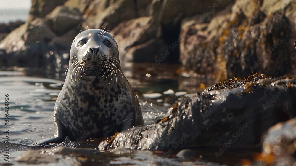 Grey seal on Scottish coast with sparling eyes watching everything : Generative AI Grey seal on Scottish coast with sparling eyes watching everything : Generative AI