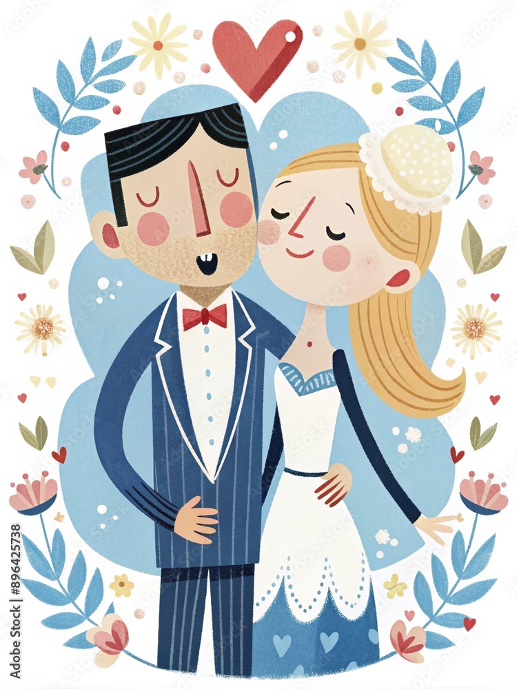 Whimsical Wedding Illustration of Bride and Groom Whimsical Wedding Illustration of Bride and Groom