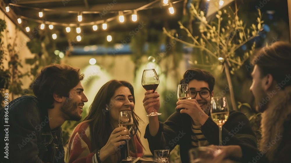 Obraz premium Young men and women having fun drinking out at wine diner Food and beverage life style concept on mixed age people enjoying time together at villa patio Warm filter with bulb string : Generative AI