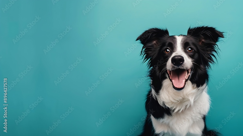 studio portrait of black and white border collie sitting looking forward with big smile mouth open tongue showing against a teal blue background : Generative AI studio portrait of black and white border collie sitting looking forward with big smile mouth open tongue showing against a teal blue background : Generative AI