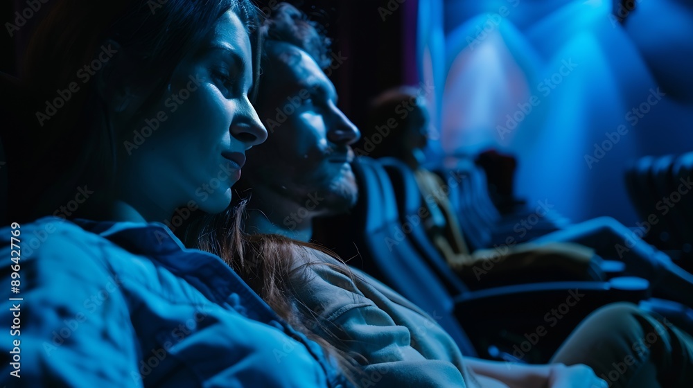 Young affectionate couple watching a movie on a date in cinema : Generative AI Young affectionate couple watching a movie on a date in cinema : Generative AI