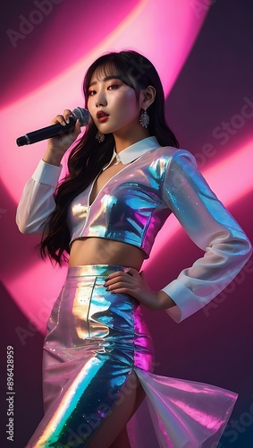 Young pretty Asian woman with glitter make-up wearing sporty fashion, white clothes, model posing isolated on a colorful modern pink and blue background, k-pop style